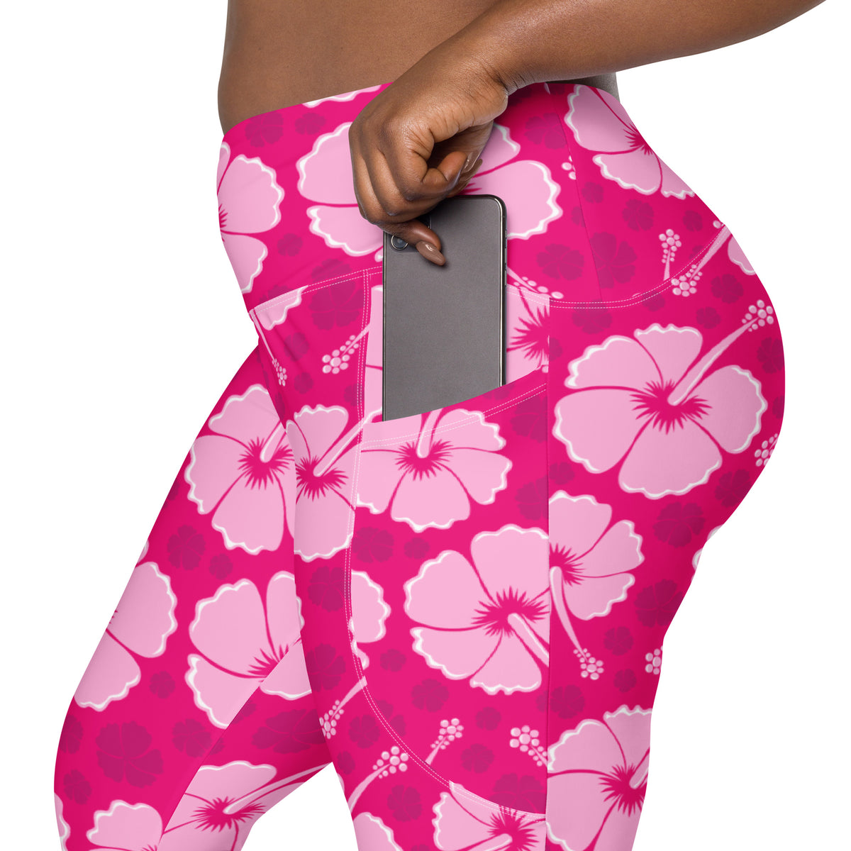Women’s Tropical Pink Hibiscus Yoga Leggings With Pockets – High-Waisted, Soft Compression Active Pants