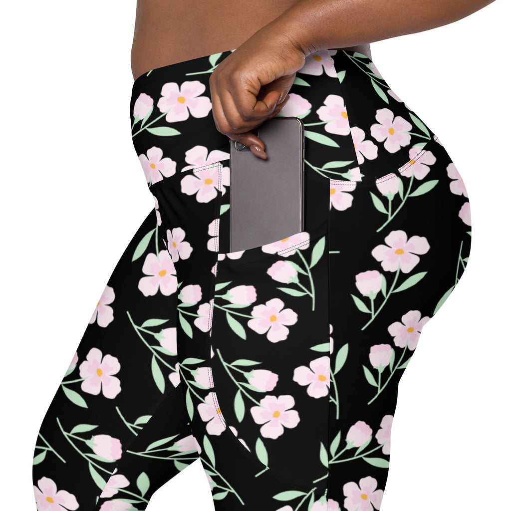 Women’s Pink Floral Leggings With Pockets – High-Waisted, Soft Compression Active Pants