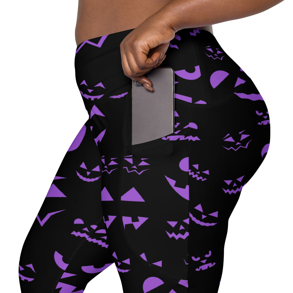 Women’s Purple Jack O’ Lantern Faces Halloween Yoga Leggings With Pockets – High-Waisted, Soft Compression Active Pants