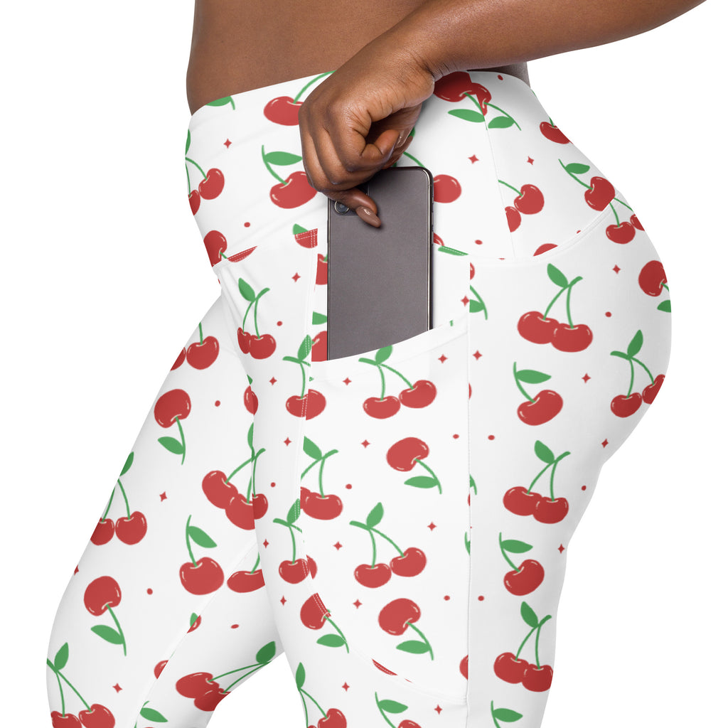 Women’s Cherry Yoga Leggings With Pockets – High-Waisted, Soft Compression Active Pants