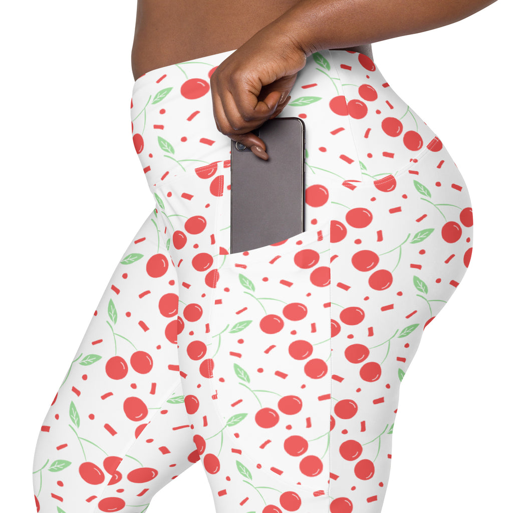 Women’s Cherry Sprinkle Yoga Leggings With Pockets – High-Waisted, Soft Compression Active Pants