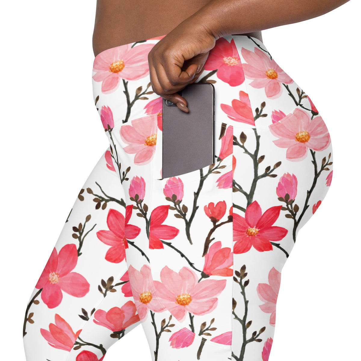Women’s Pink Watercolor Floral Yoga Leggings With Pockets – High-Waisted, Soft Compression Active Pants