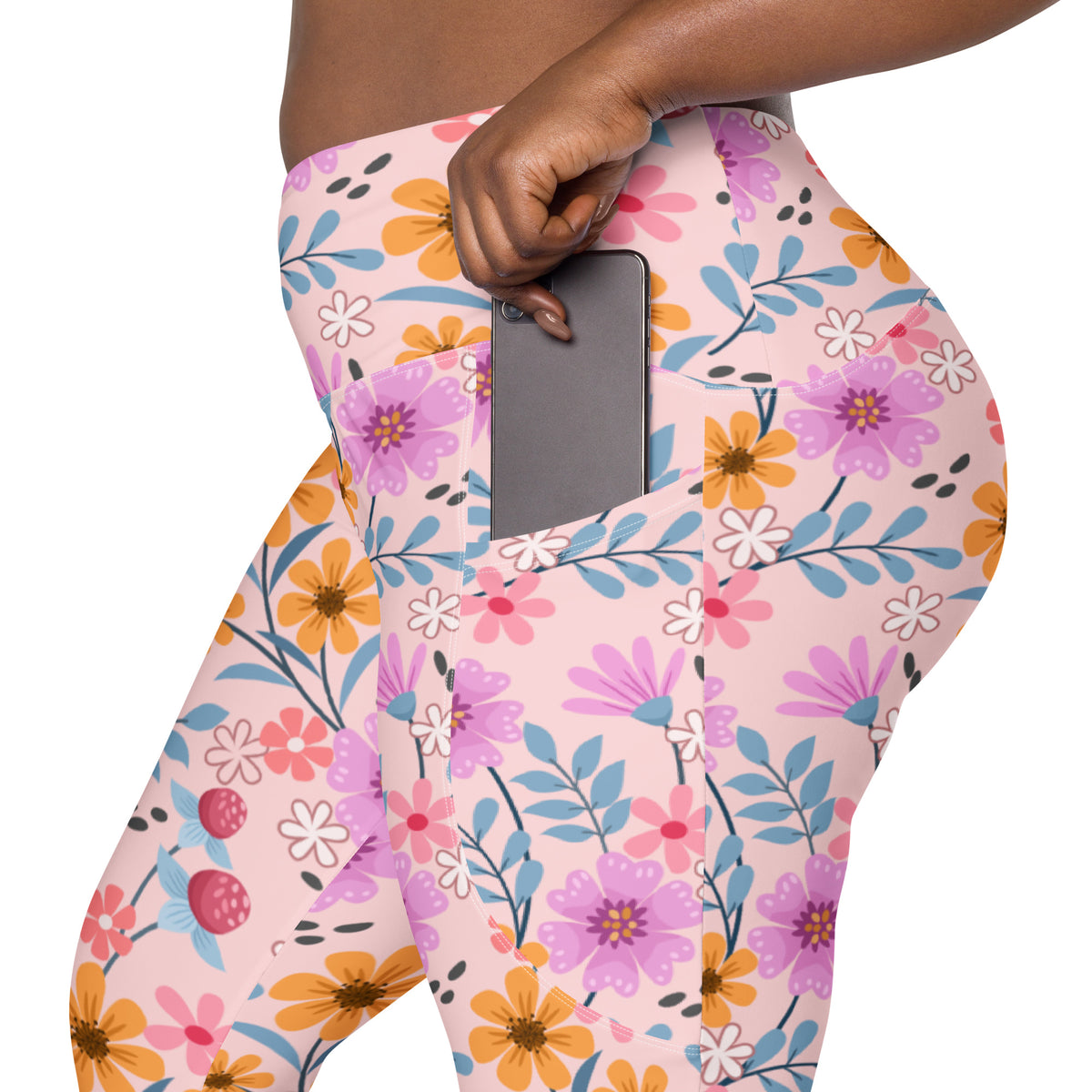 Women’s Colorful Pink Floral Yoga Leggings With Pockets – High-Waisted, Soft Compression Active Pants