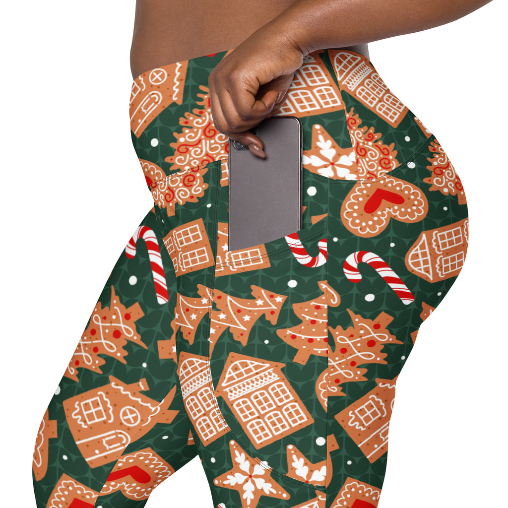 Women’s Green Gingerbread Christmas Yoga Leggings With Pockets – High-Waisted, Soft Compression Active Pants