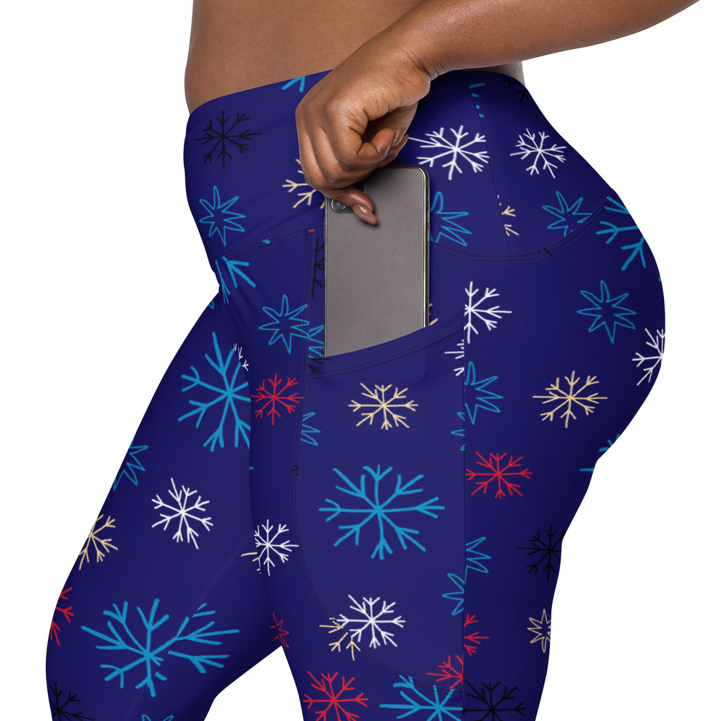 Women’s Blue Snowflake Christmas Yoga Leggings With Pockets – High-Waisted, Soft Compression Active Pants