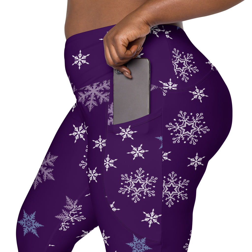 Women’s Purple Snowflake Christmas Yoga Leggings With Pockets – High-Waisted, Soft Compression Active Pants