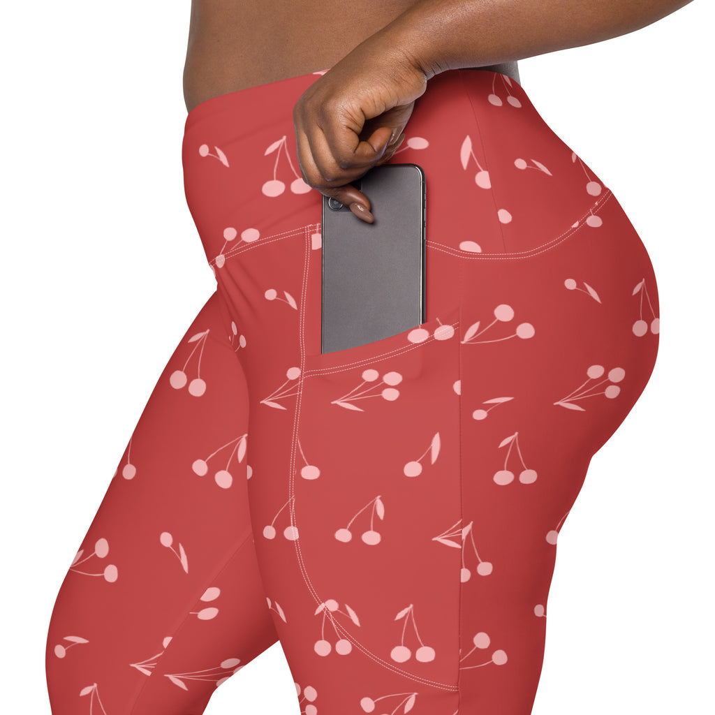 Women’s Red Cherry Yoga Leggings With Pockets – High-Waisted, Soft Compression Active Pants