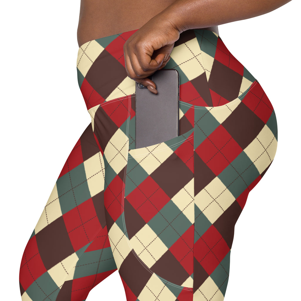 Women’s Vintage Christmas Argyle Yoga Leggings With Pockets – High-Waisted, Soft Compression Active Pants