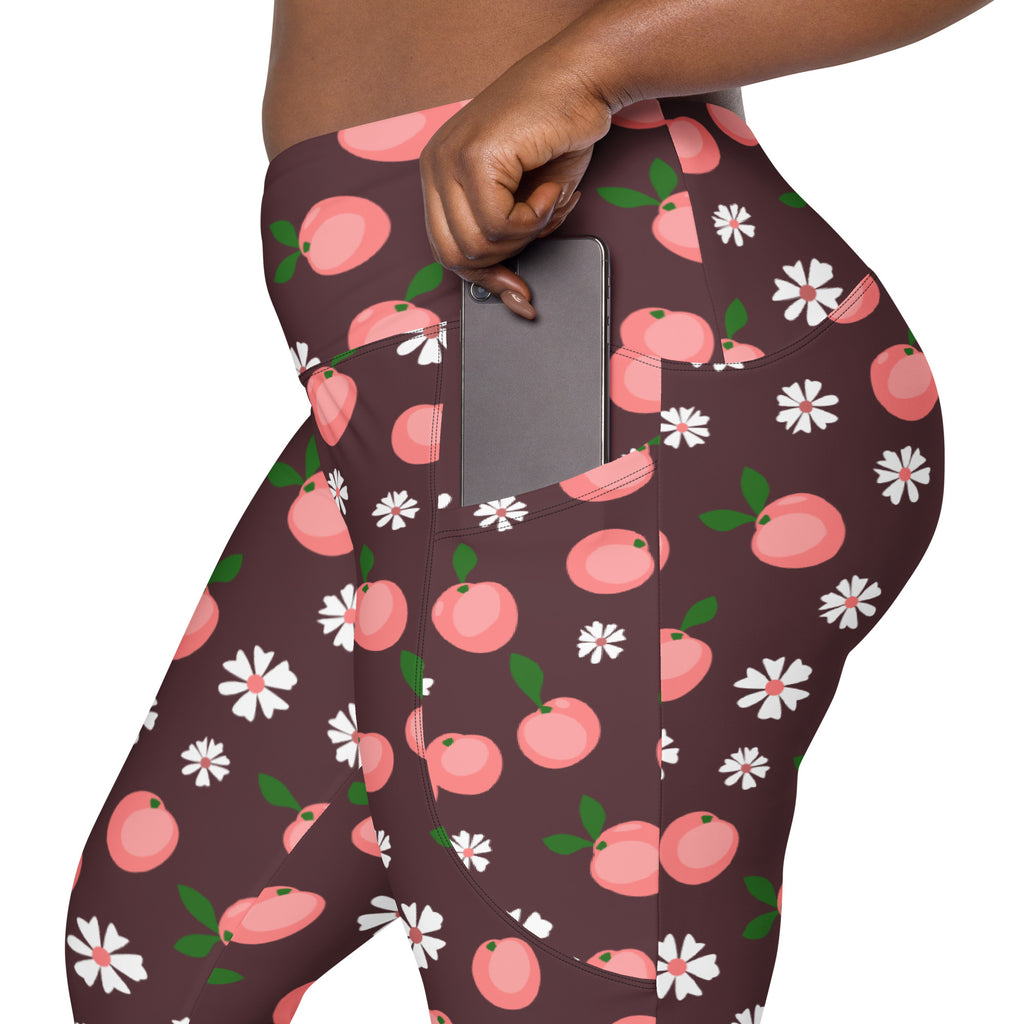 Women’s Peach & Daisy Yoga Leggings With Pockets – High-Waisted, Soft Compression Active Pants