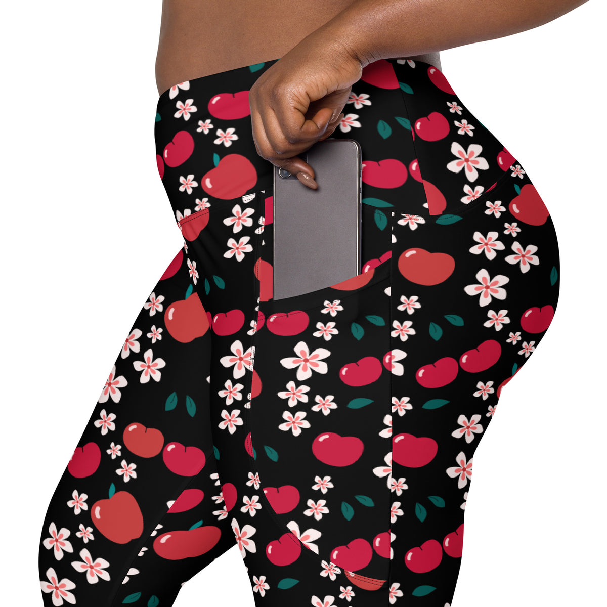 Women’s Apple & Cherry Blossom Yoga Leggings With Pockets – High-Waisted, Soft Compression Active Pants
