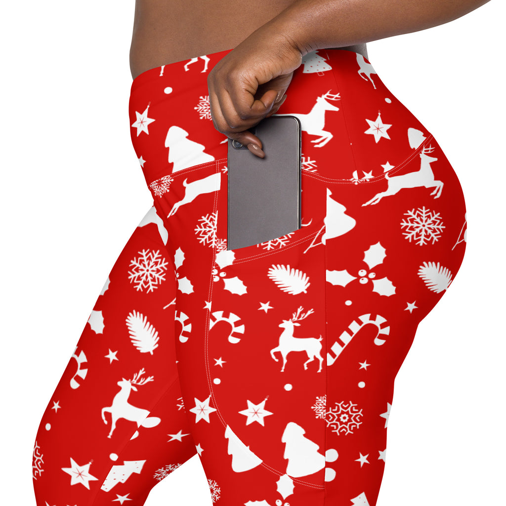 Women’s Red Christmas Yoga Leggings With Pockets – High-Waisted, Soft Compression Active Pants