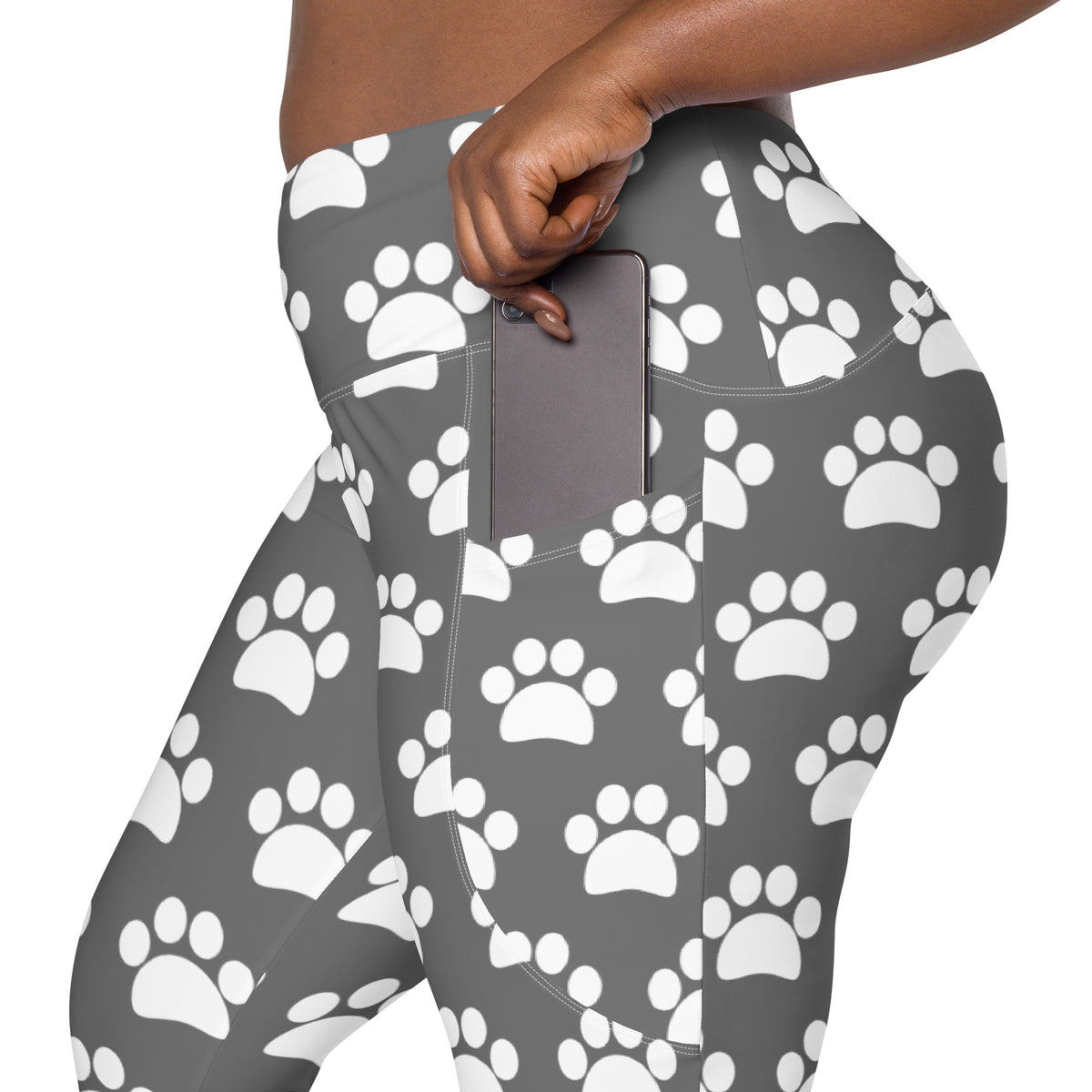 Women’s Gray Paw Print Yoga Leggings With Pockets – High-Waisted, Soft Compression Active Pants