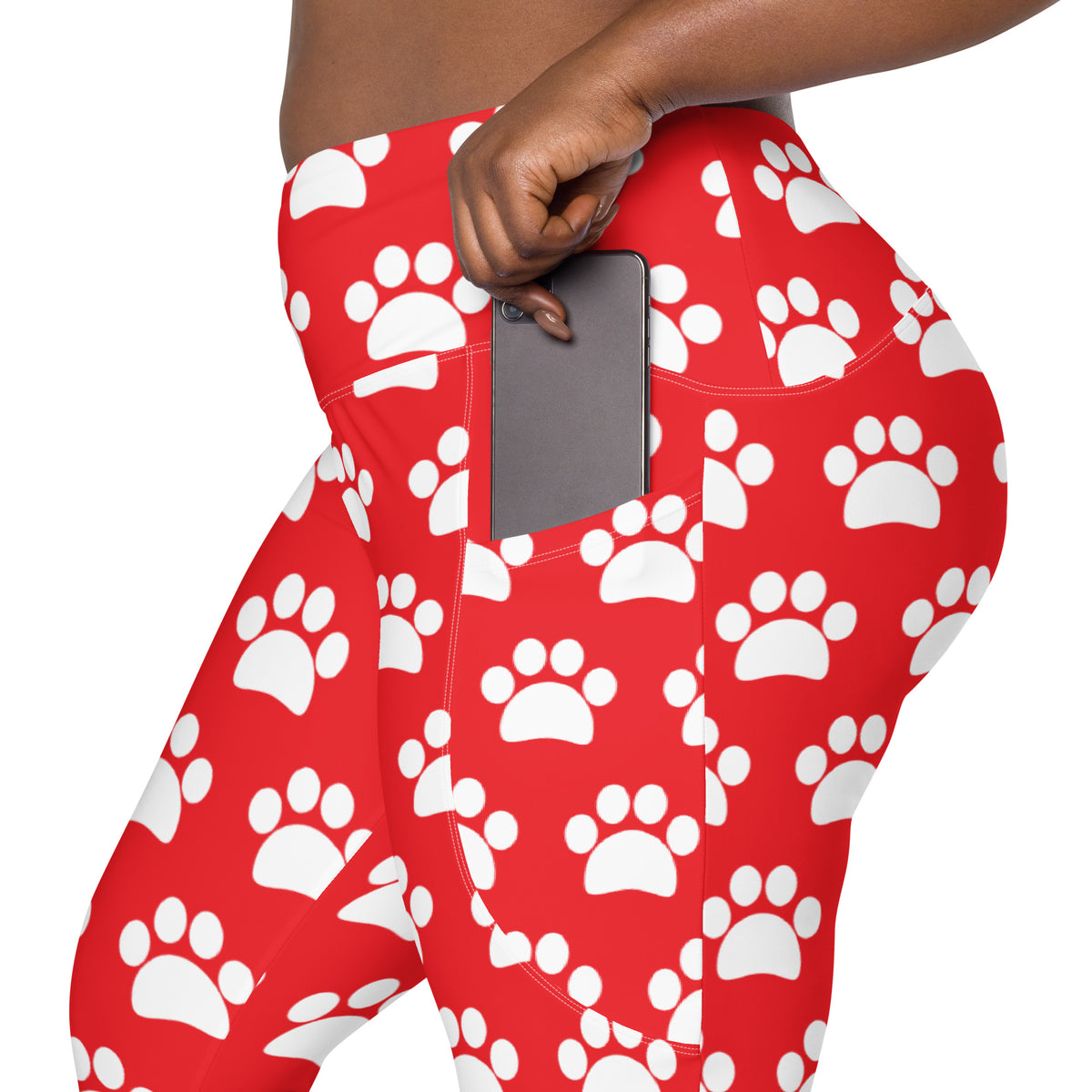 Women’s Red Paw Print Yoga Leggings With Pockets – High-Waisted, Soft Compression Active Pants