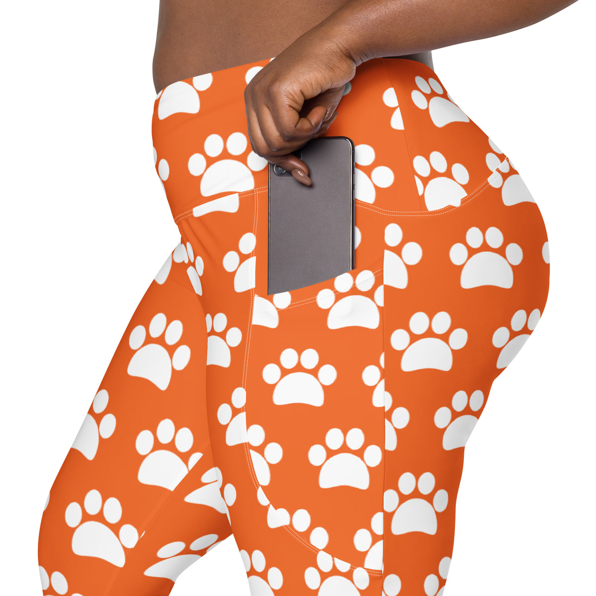 Women’s Orange Paw Print Yoga Leggings With Pockets – High-Waisted, Soft Compression Active Pants