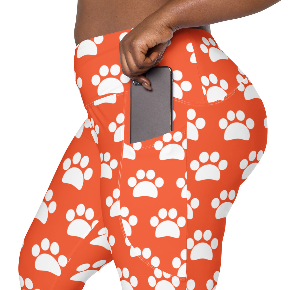 Women’s Bright Orange Paw Print Yoga Leggings With Pockets – High-Waisted, Soft Compression Active Pants