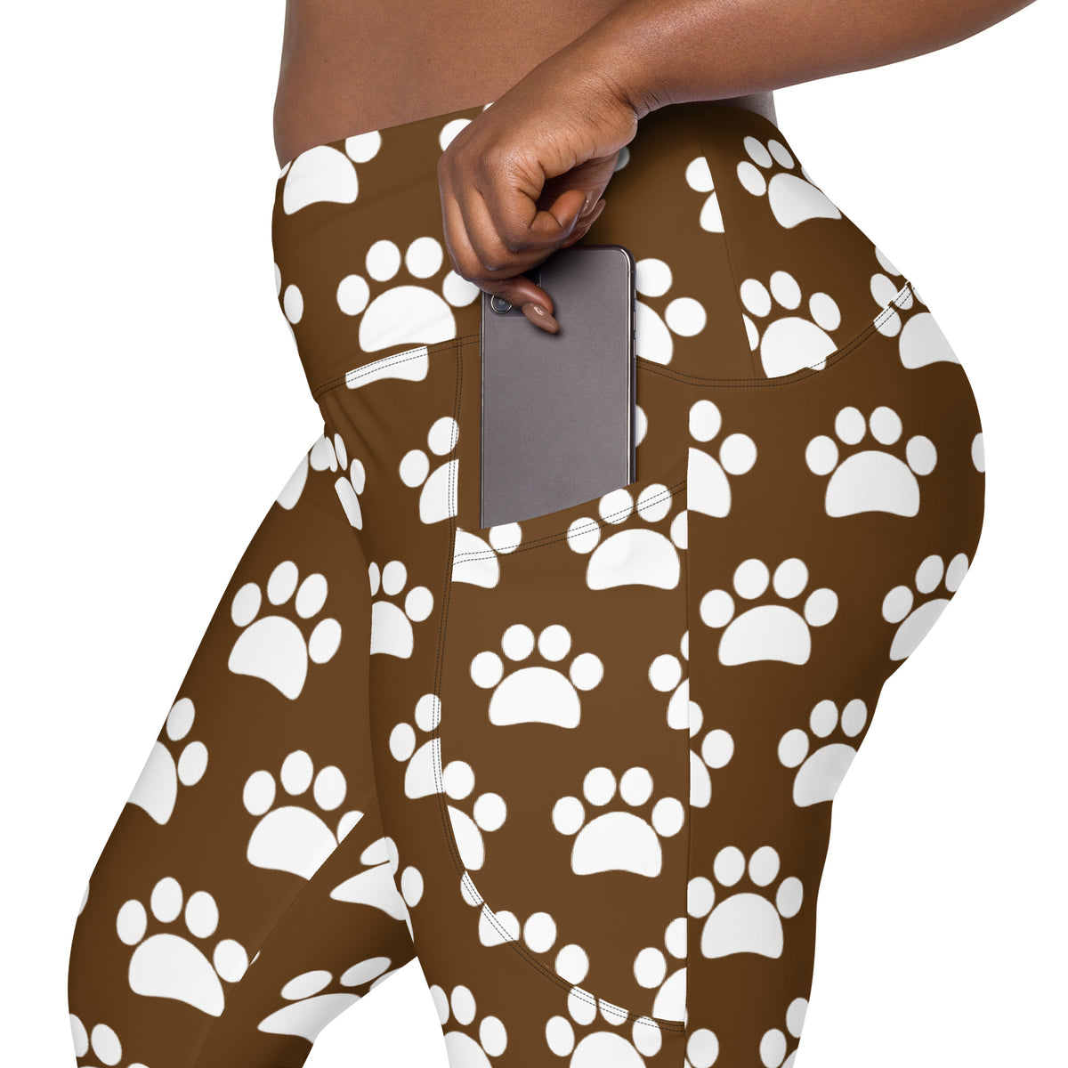 Women’s Brown Paw Print Yoga Leggings With Pockets – High-Waisted, Soft Compression Active Pants