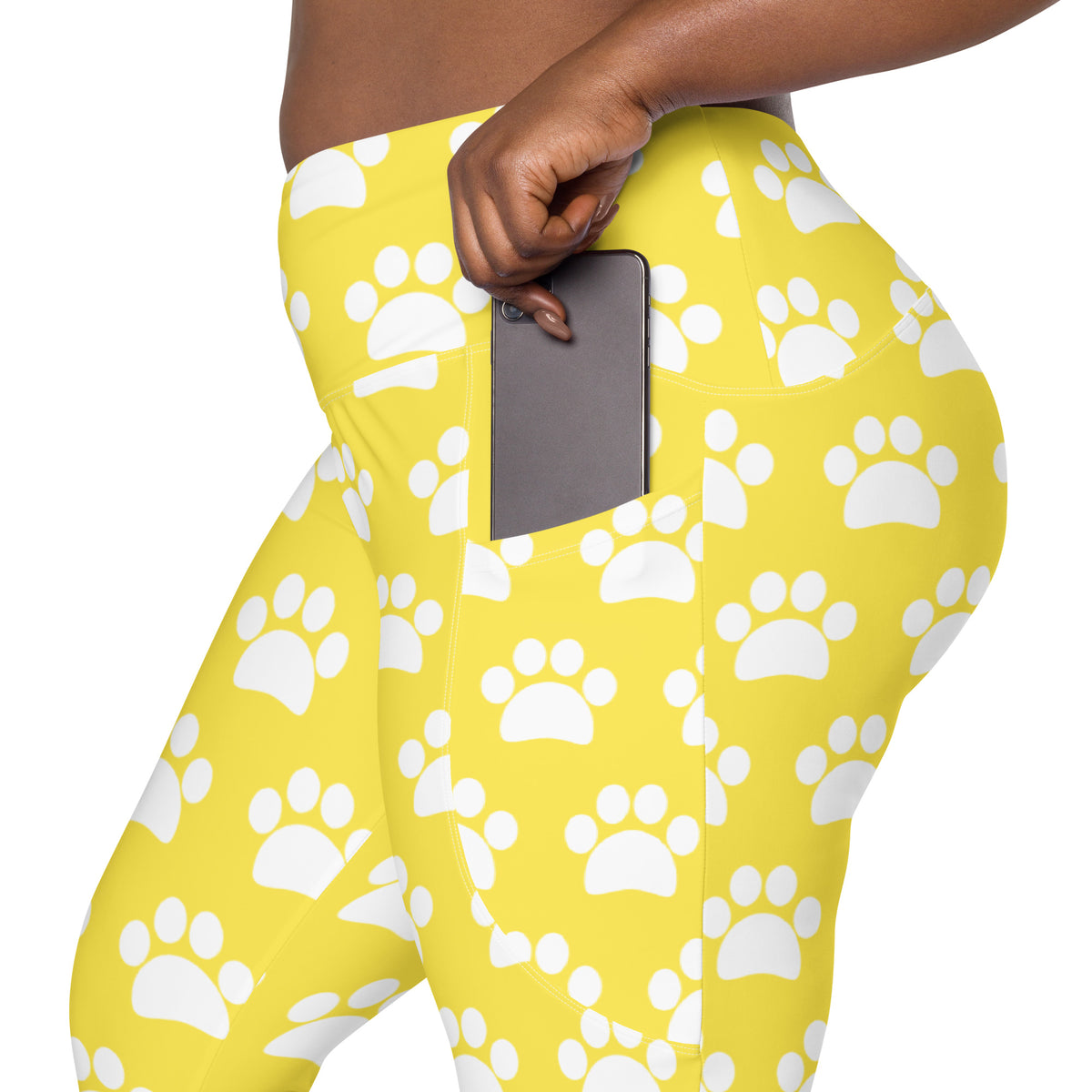 Women’s Yellow Paw Print Yoga Leggings With Pockets – High-Waisted, Soft Compression Active Pants