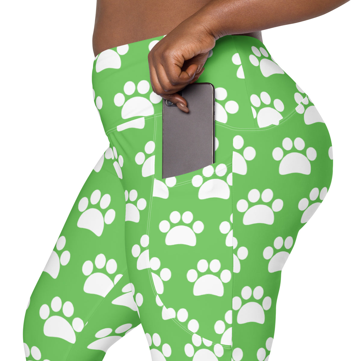 Women’s Green Paw Print Yoga Leggings With Pockets – High-Waisted, Soft Compression Active Pants