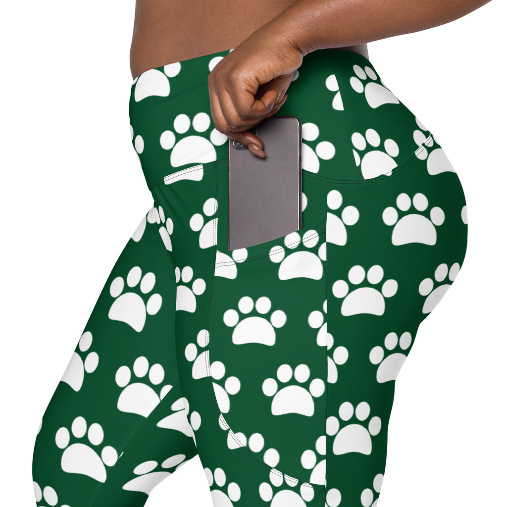 Women’s Forest Green Paw Print Yoga Leggings With Pockets – High-Waisted, Soft Compression Active Pants