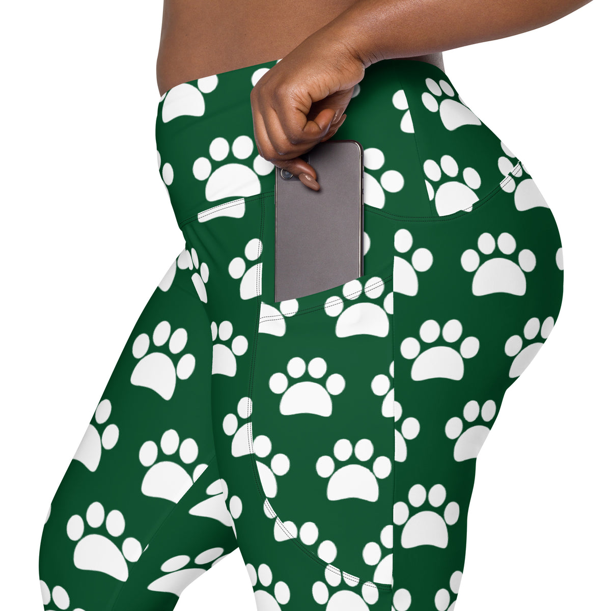 Women’s Forest Green Paw Print Yoga Leggings With Pockets – High-Waisted, Soft Compression Active Pants