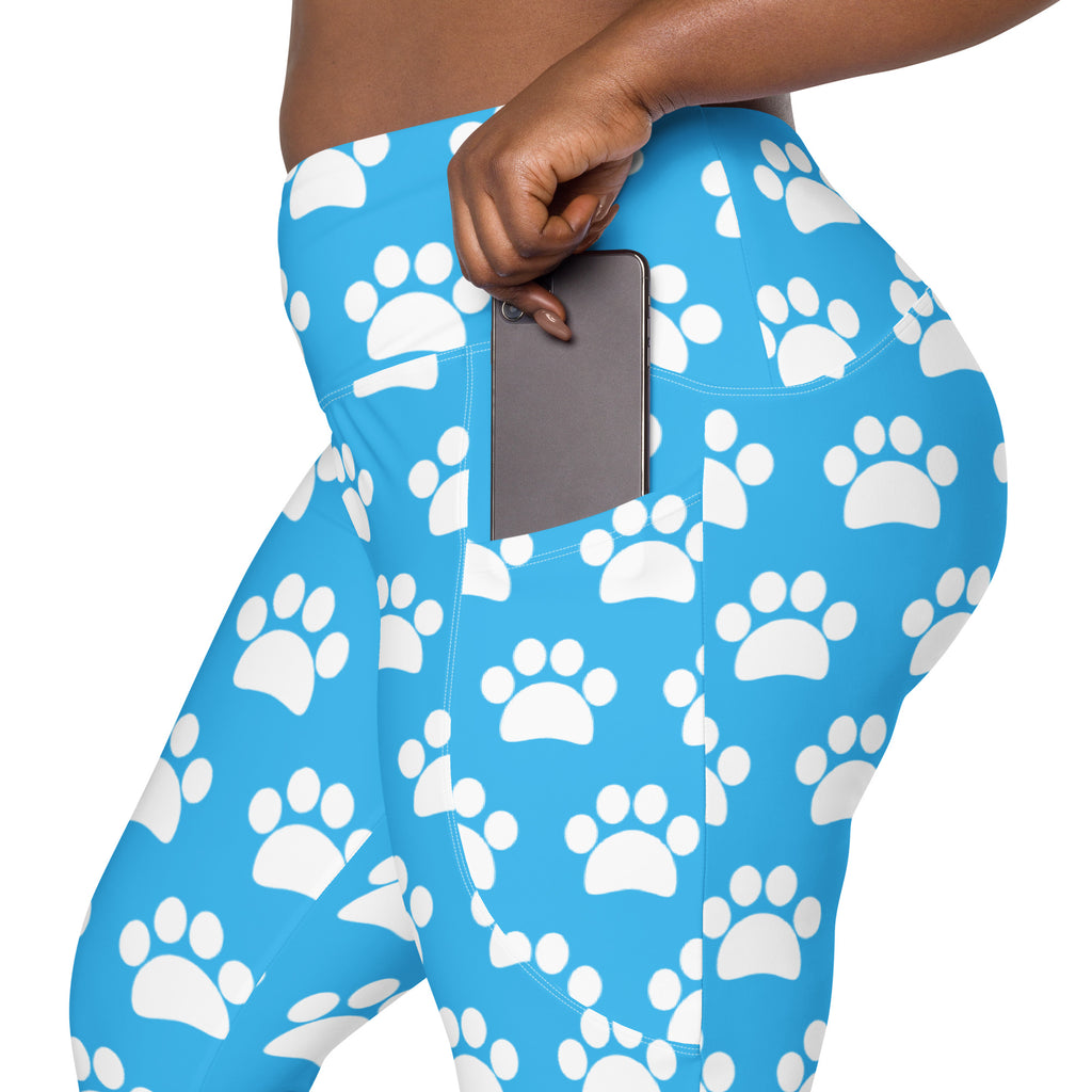 Women’s Light Blue Paw Print Yoga Leggings With Pockets – High-Waisted, Soft Compression Active Pants