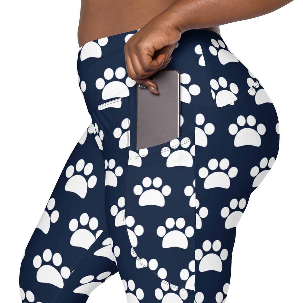 Women’s Navy Blue Paw Print Yoga Leggings With Pockets – High-Waisted, Soft Compression Active Pants