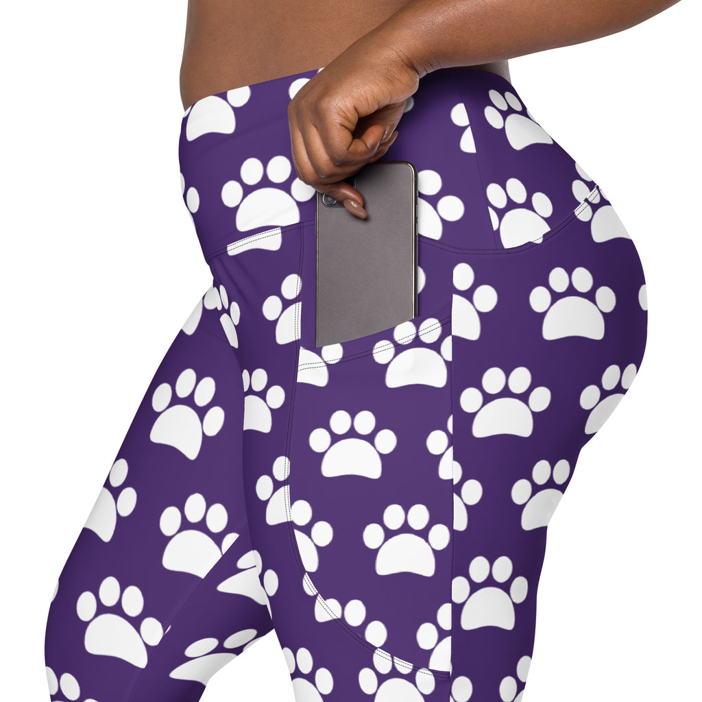 Women’s Dark Purple Paw Print Yoga Leggings With Pockets – High-Waisted, Soft Compression Active Pants