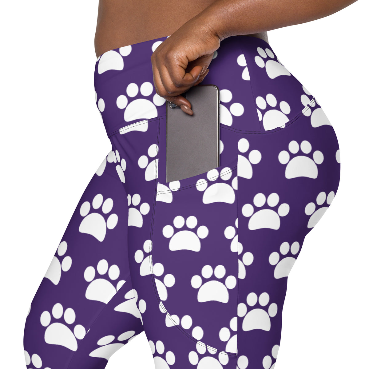 Women’s Dark Purple Paw Print Yoga Leggings With Pockets – High-Waisted, Soft Compression Active Pants
