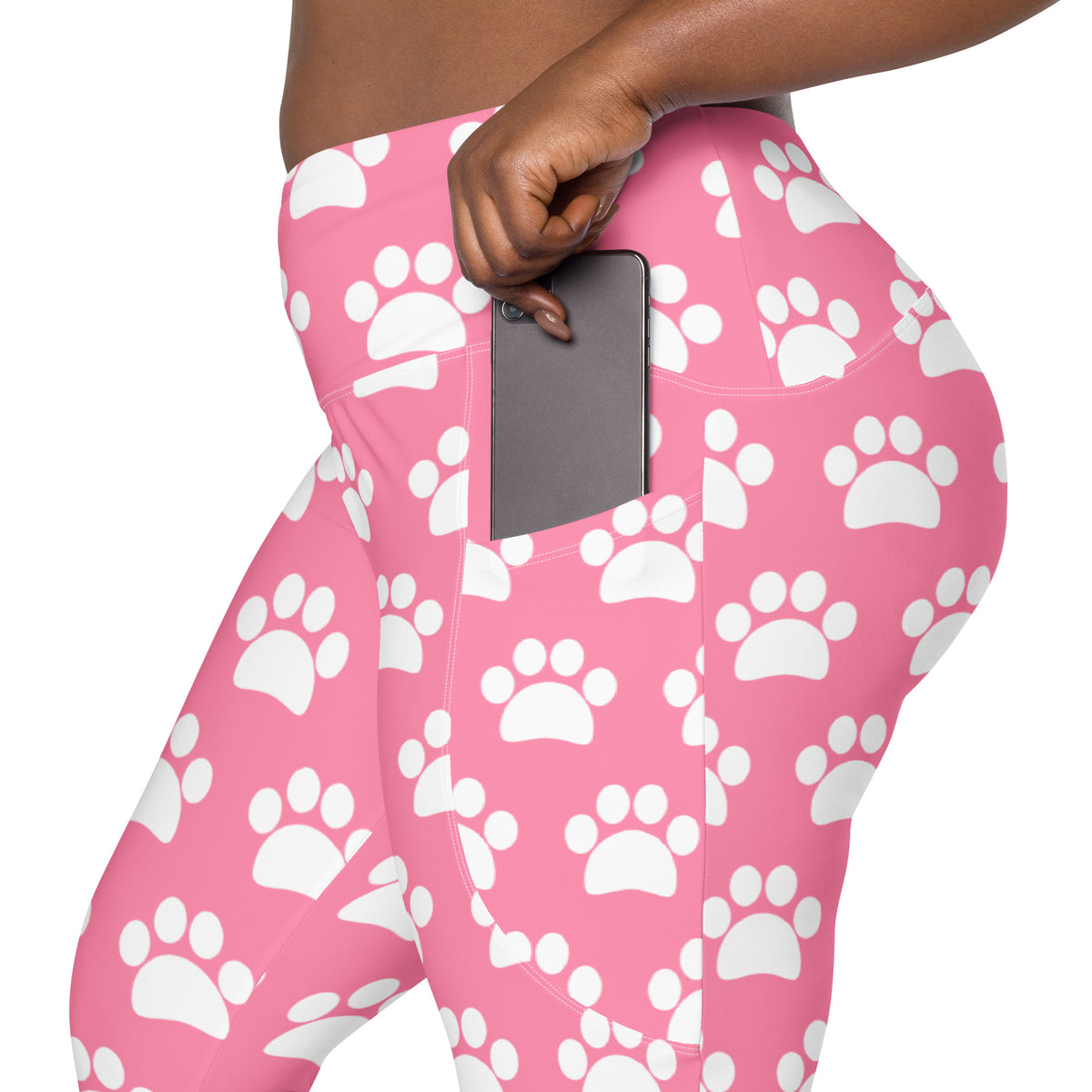 Women’s Pink Paw Print Yoga Leggings With Pockets – High-Waisted, Soft Compression Active Pants