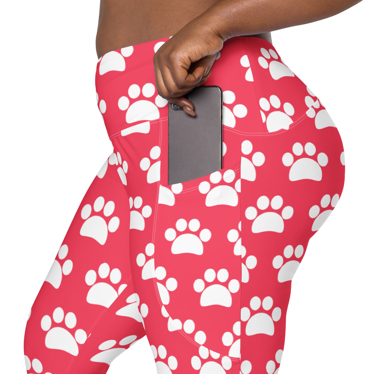 Women’s Bright Pink Paw Print Yoga Leggings With Pockets – High-Waisted, Soft Compression Active Pants