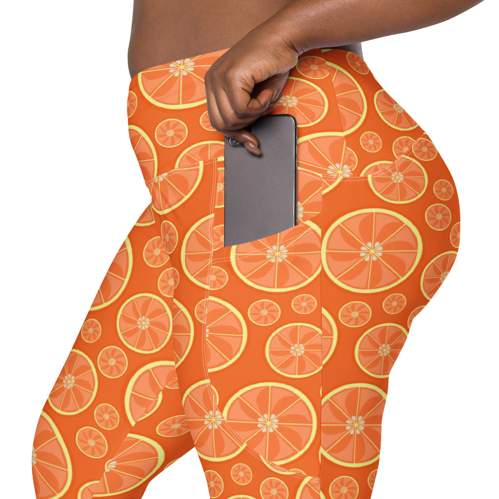 Women’s Orange Citrus Yoga Leggings With Pockets – High-Waisted, Soft Compression Active Pants
