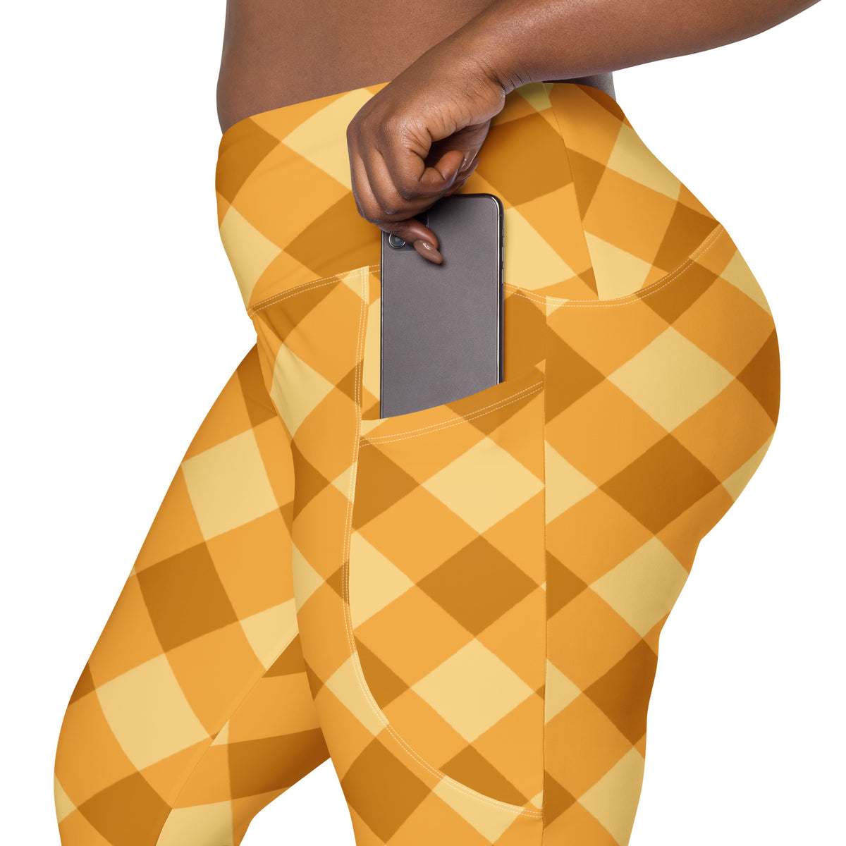 Women’s Mustard Yellow Plaid Yoga Leggings With Pockets – High-Waisted, Soft Compression Active Pants