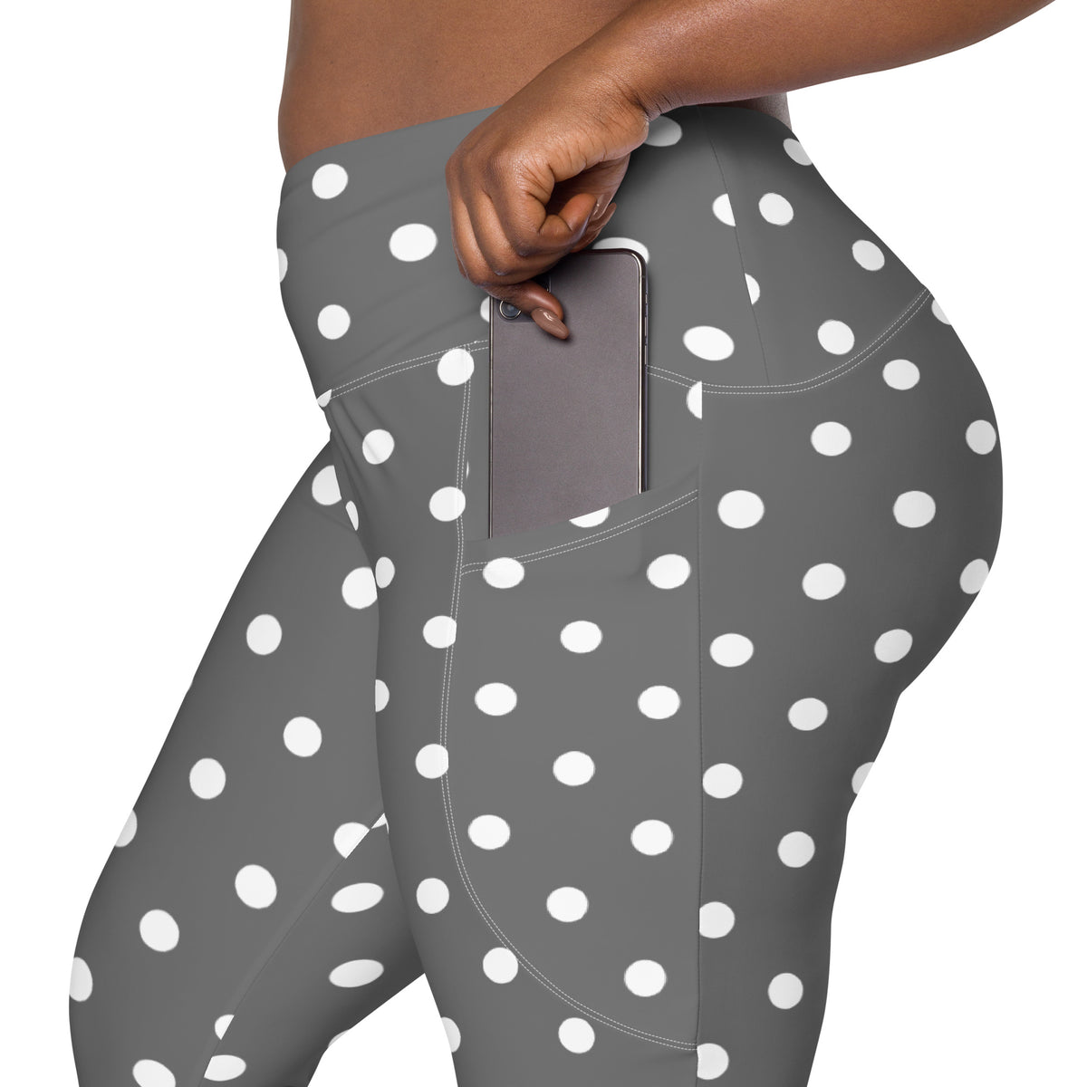 Women’s Gray Polka Dot Yoga Leggings With Pockets – High-Waisted, Soft Compression Active Pants