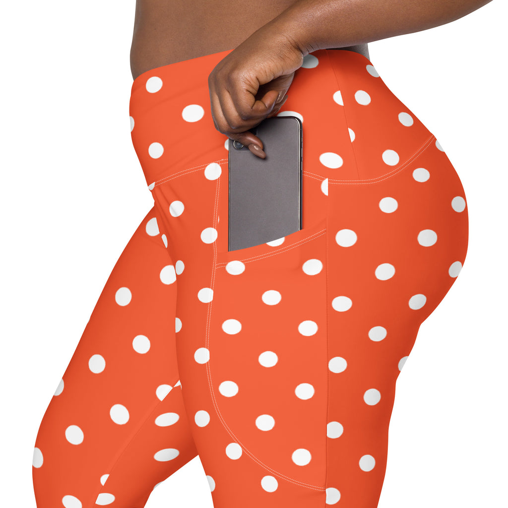 Women’s Bright Orange Polka Dot Yoga Leggings With Pockets – High-Waisted, Soft Compression Active Pants