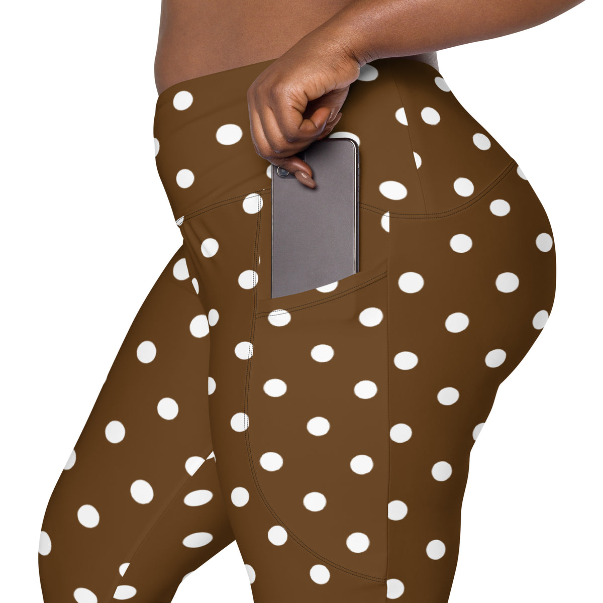 Women’s Brown Polka Dot Yoga Leggings With Pockets – High-Waisted, Soft Compression Active Pants