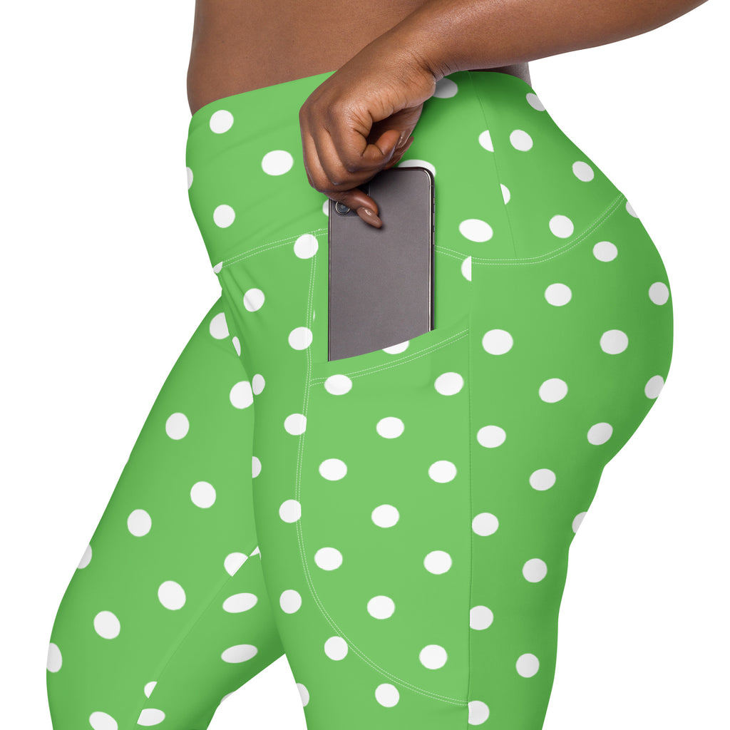 Women’s Green Polka Dot Yoga Leggings With Pockets – High-Waisted, Soft Compression Active Pants