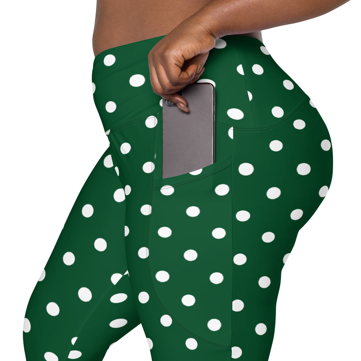 Women’s Forest Green Polka Dot Yoga Leggings With Pockets – High-Waisted, Soft Compression Active Pants