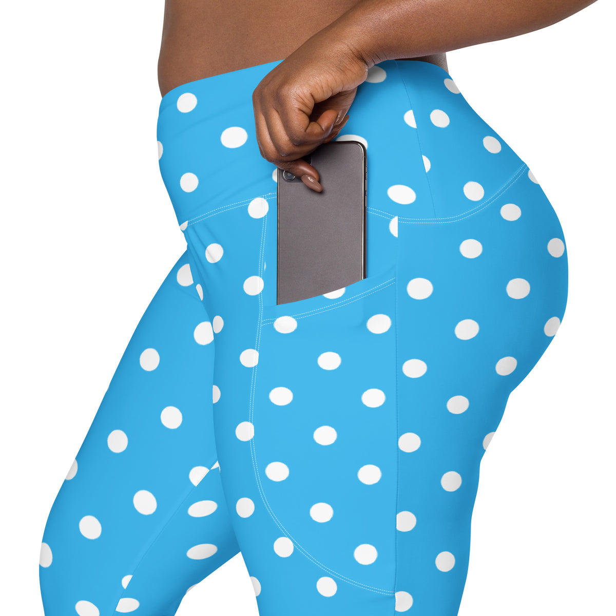 Women’s Sky Blue Polka Dot Yoga Leggings With Pockets – High-Waisted, Soft Compression Active Pants
