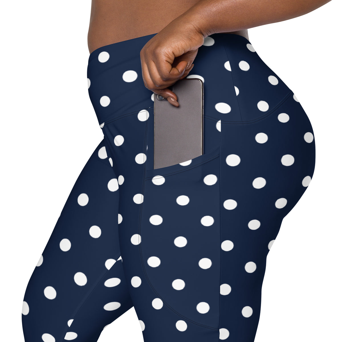 Women’s Navy Blue Polka Dot Yoga Leggings With Pockets – High-Waisted, Soft Compression Active Pants