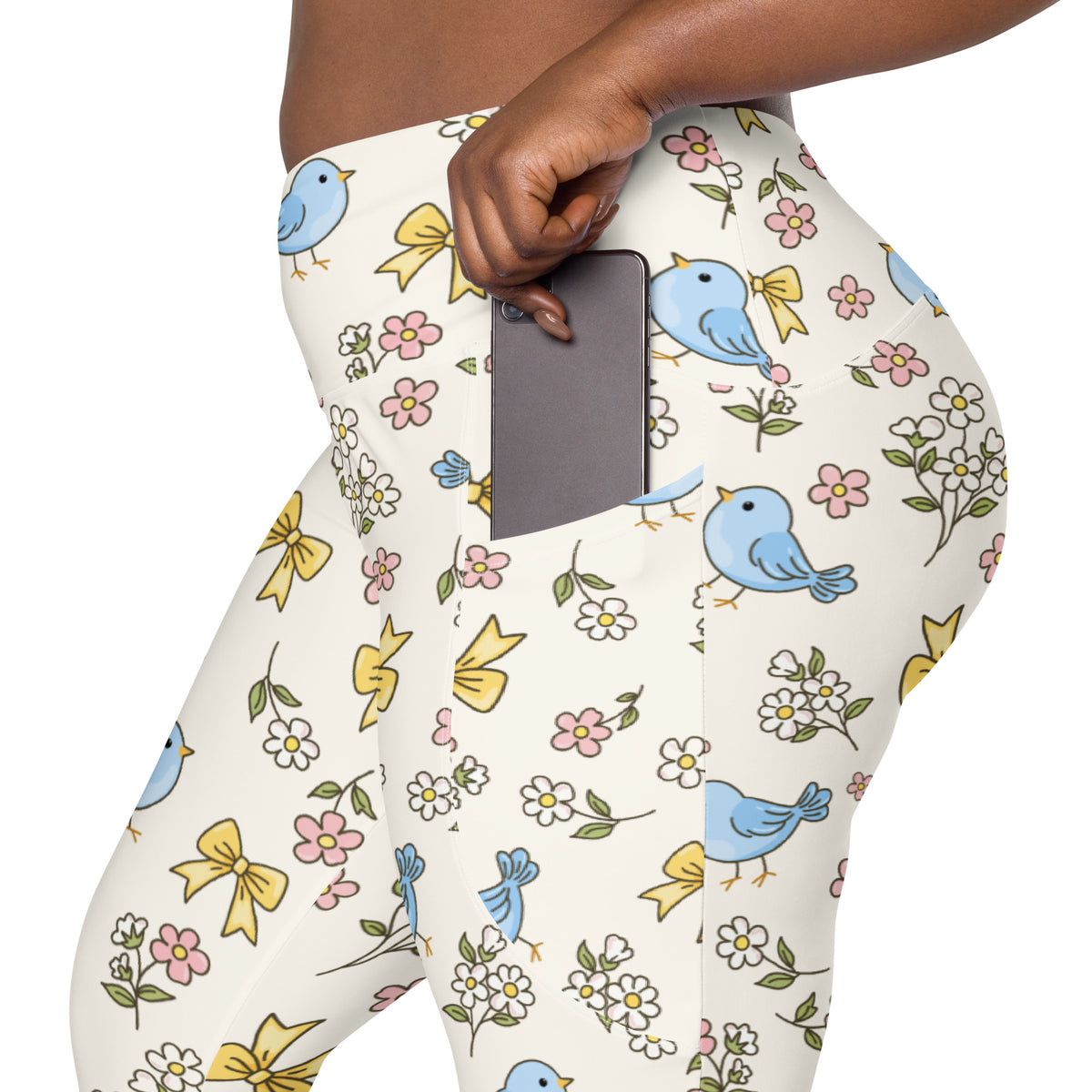 Women’s Floral Blue Bird Yoga Leggings With Pockets – High-Waisted, Soft Compression Active Pants