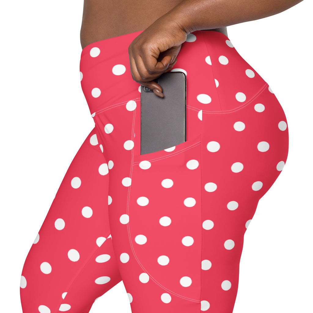 Women’s Bright Pink Polka Dot Yoga Leggings With Pockets – High-Waisted, Soft Compression Active Pants