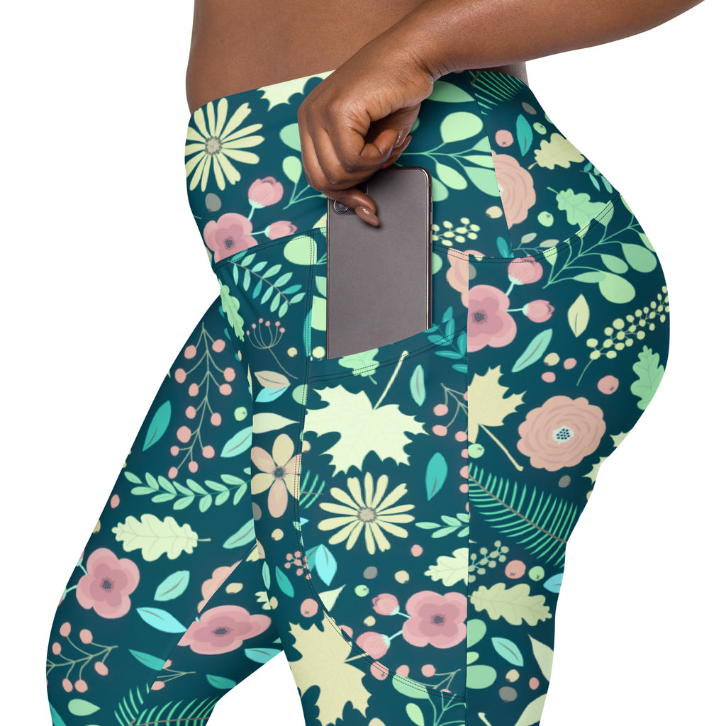 Women’s Green Fall Floral Yoga Leggings With Pockets – High-Waisted, Soft Compression Active Pants