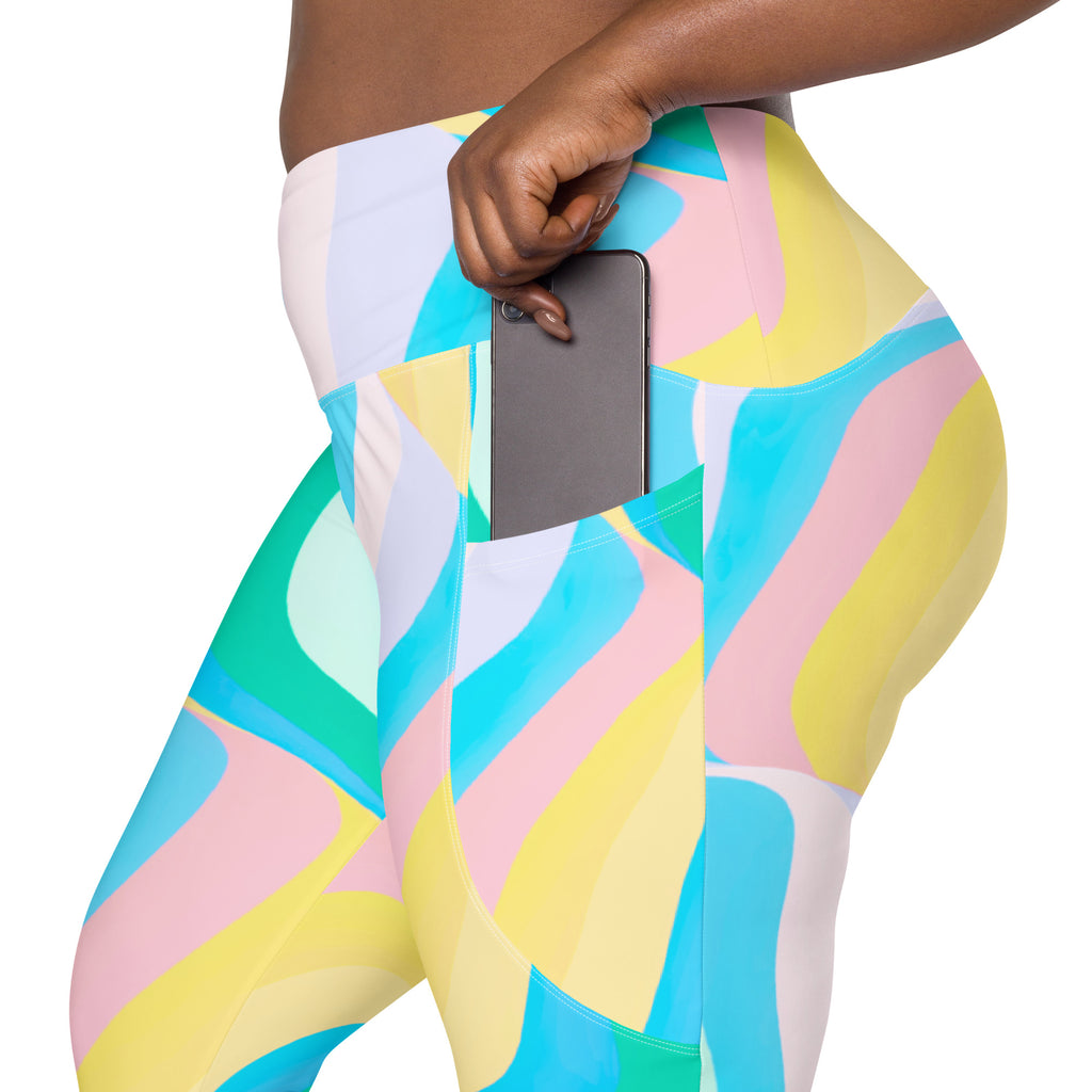 Women’s Pastel Rainbow Wave Yoga Leggings With Pockets – High-Waisted, Soft Compression Active Pants