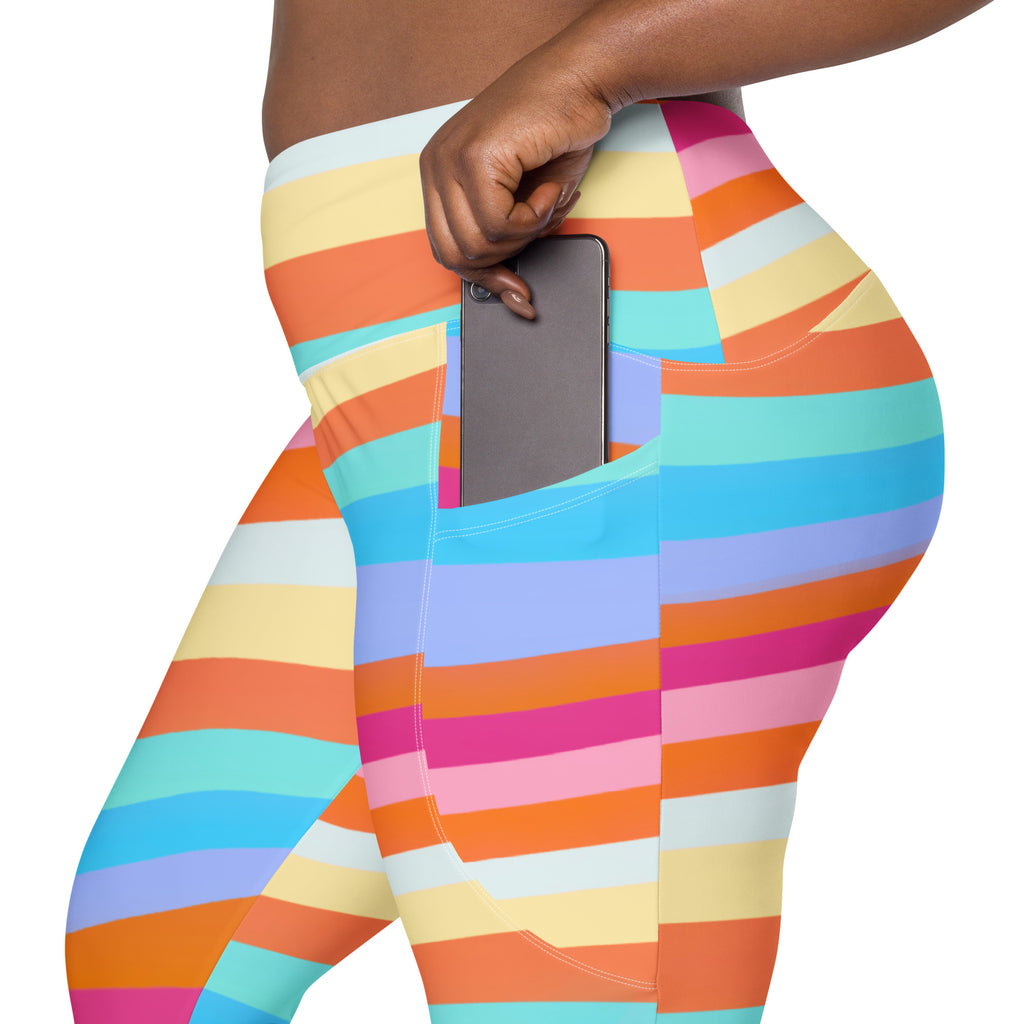 Women’s Colorful Striped Waves Yoga Leggings With Pockets – High-Waisted, Soft Compression Active Pants