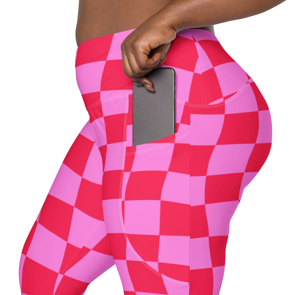 Women’s Pink Checkered Yoga Leggings With Pockets – High-Waisted, Soft Compression Active Pants