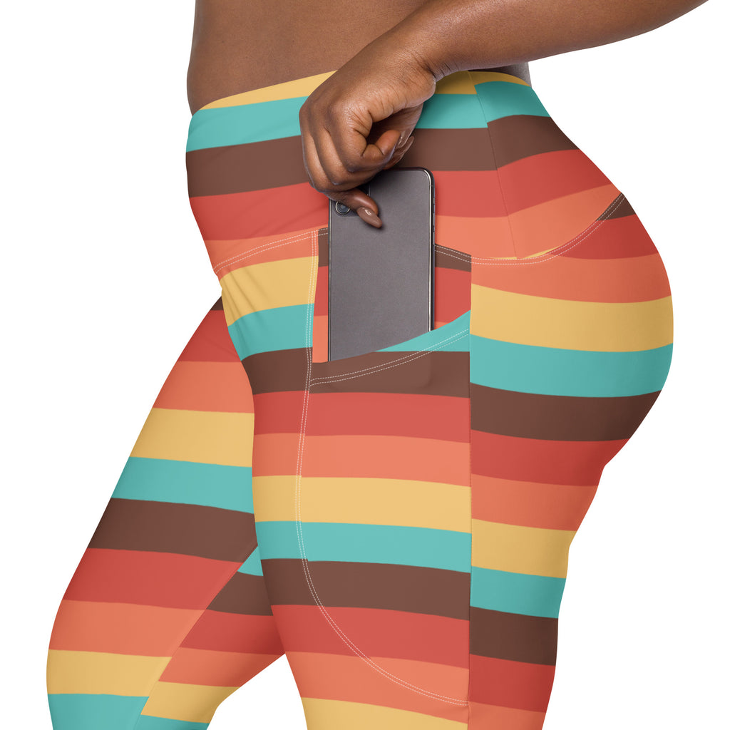 Women’s Retro Rainbow Stripe Yoga Leggings With Pockets – High-Waisted, Soft Compression Active Pants