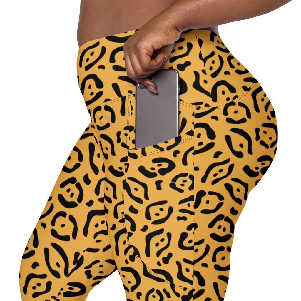 Women’s Mustard Yellow Leopard Print Yoga Leggings With Pockets – High-Waisted, Soft Compression Active Pants