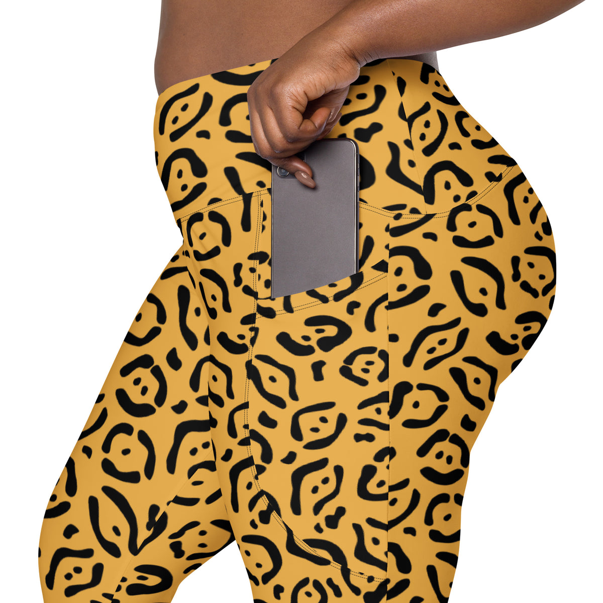 Women’s Mustard Yellow Leopard Print Yoga Leggings With Pockets – High-Waisted, Soft Compression Active Pants