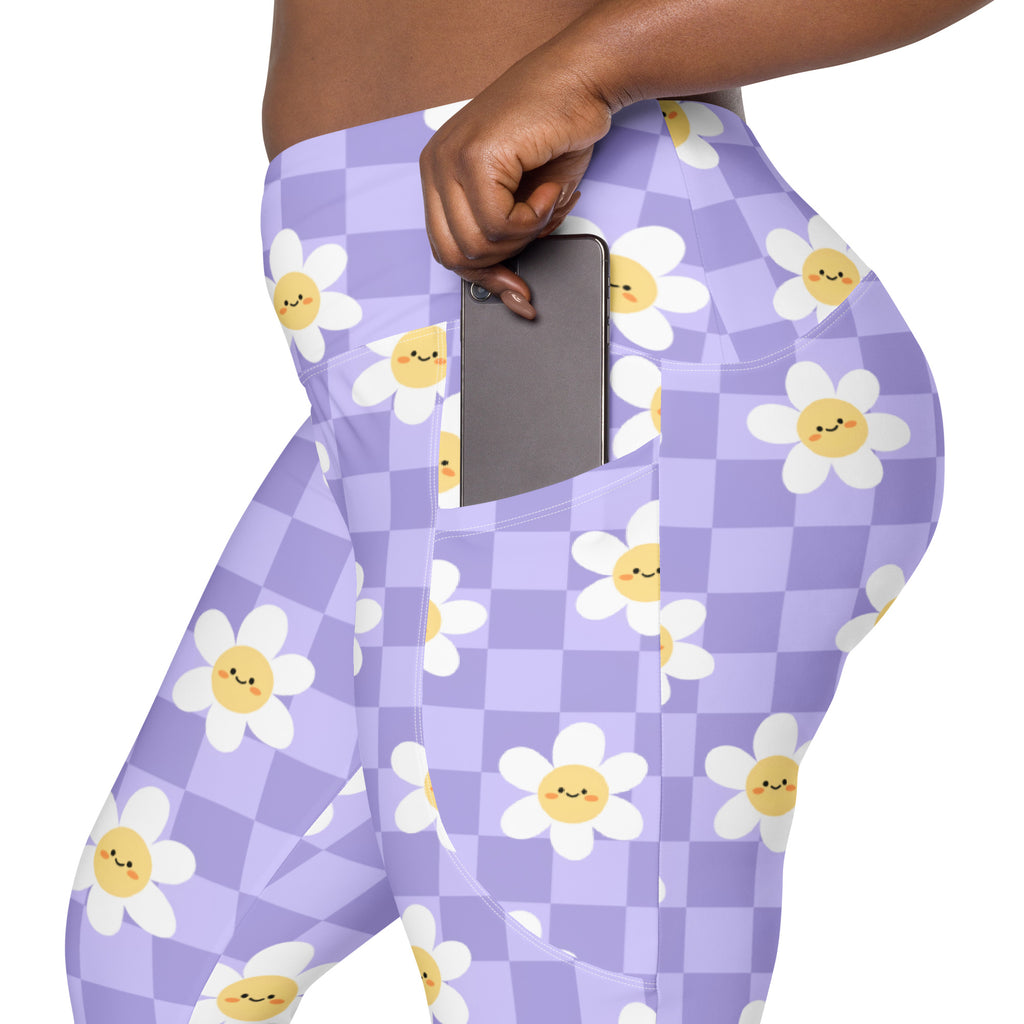 Women’s Purple Daisy Checkered Yoga Leggings With Pockets – High-Waisted, Soft Compression Active Pants