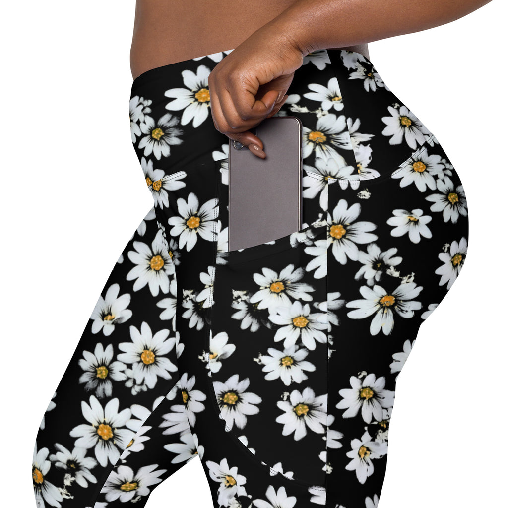 Women’s Black Daisy Yoga Leggings With Pockets – High-Waisted, Soft Compression Active Pants